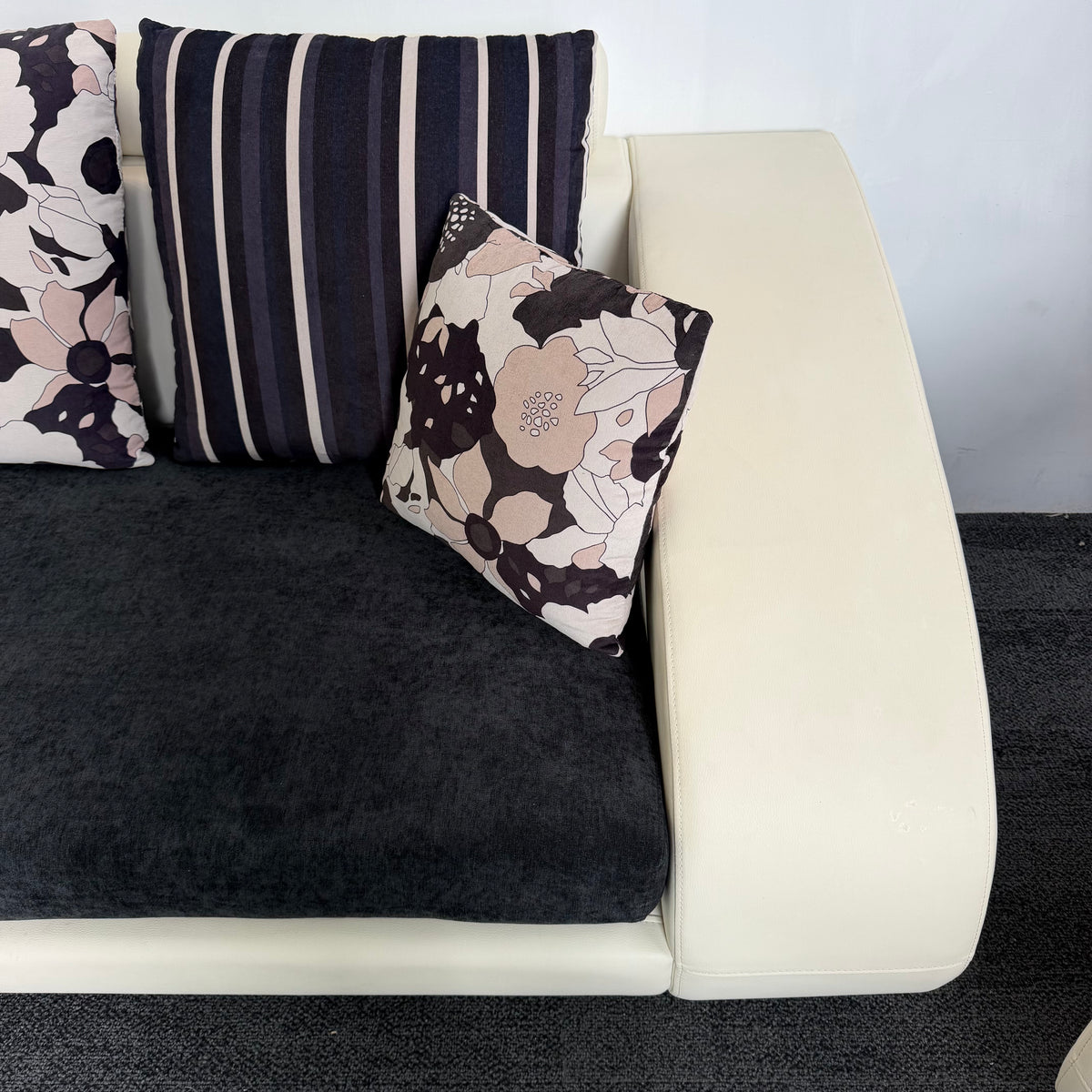 Designer Leather & Fabric Sofa with Chaise + Armchair