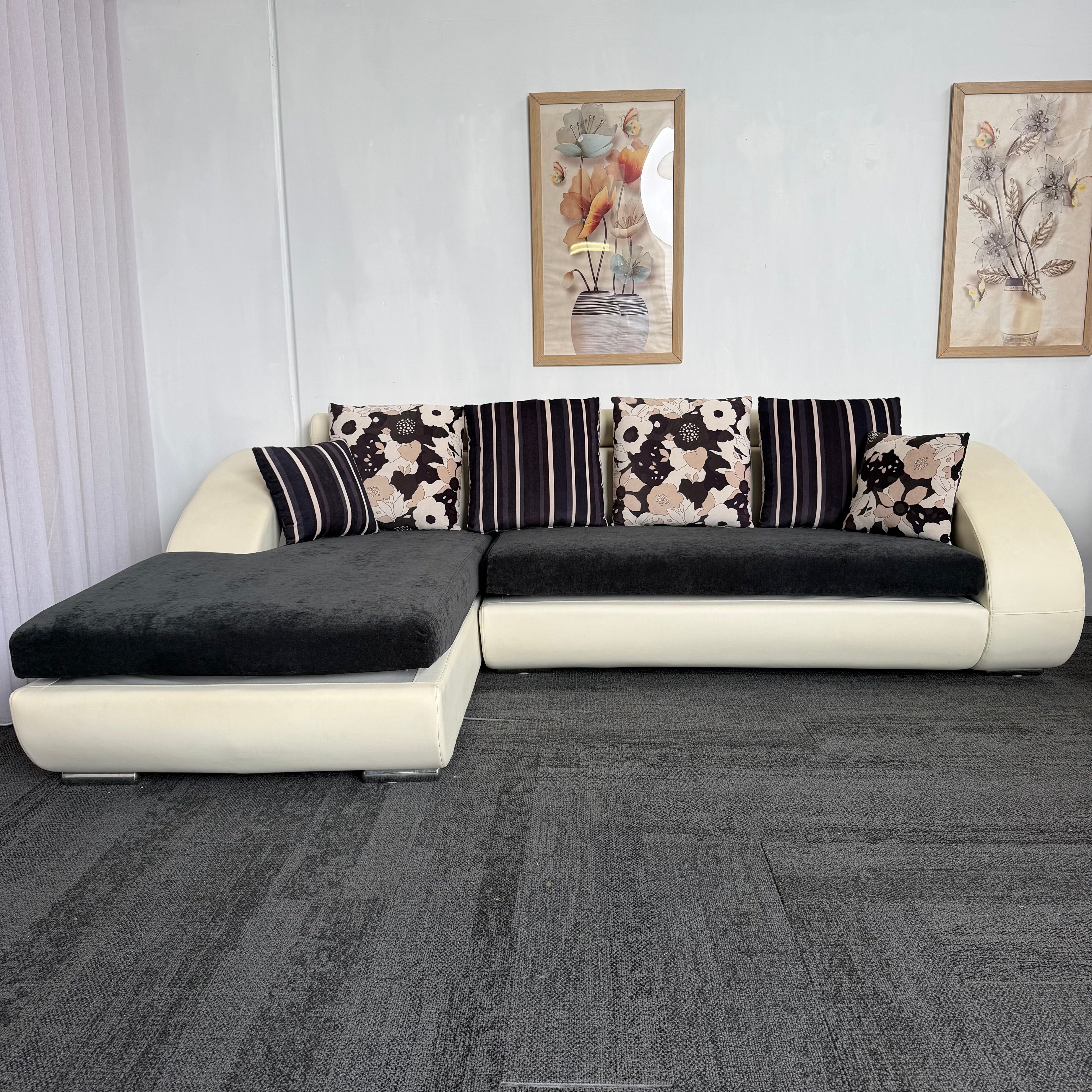 Designer Leather & Fabric Sofa with Chaise + Armchair