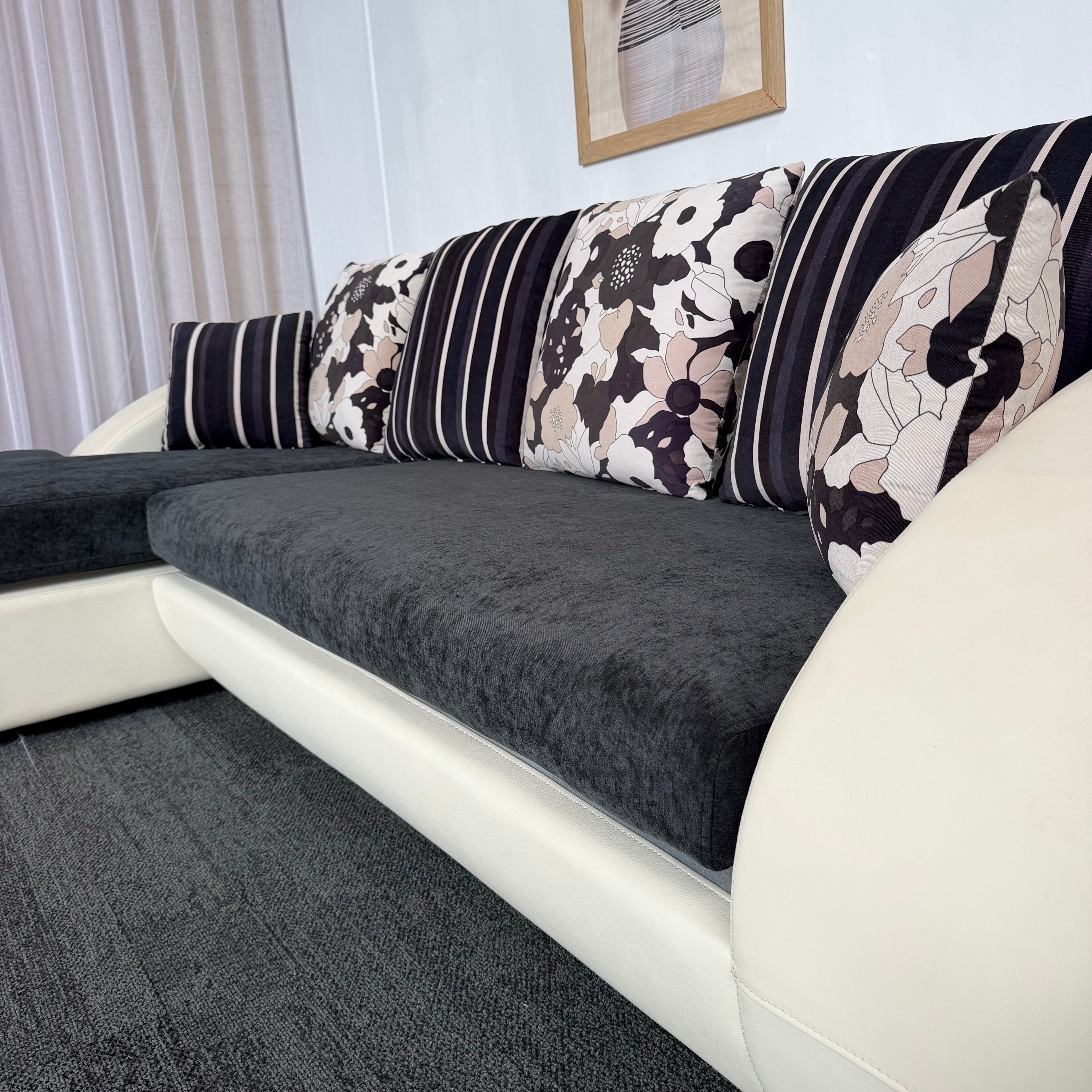 Designer Leather & Fabric Sofa with Chaise + Armchair