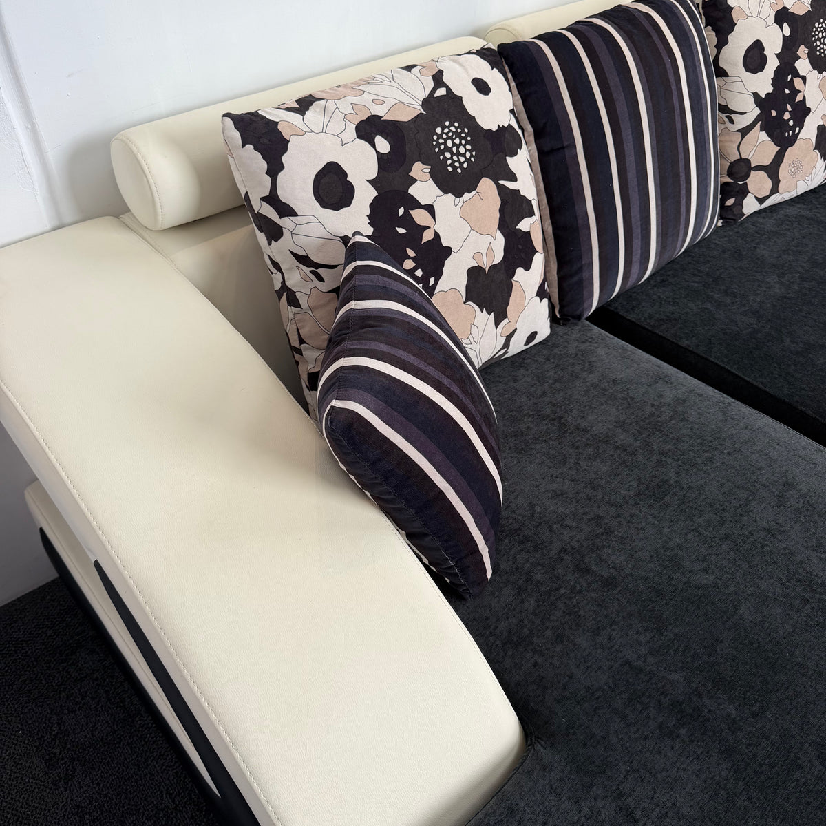 Designer Leather & Fabric Sofa with Chaise + Armchair